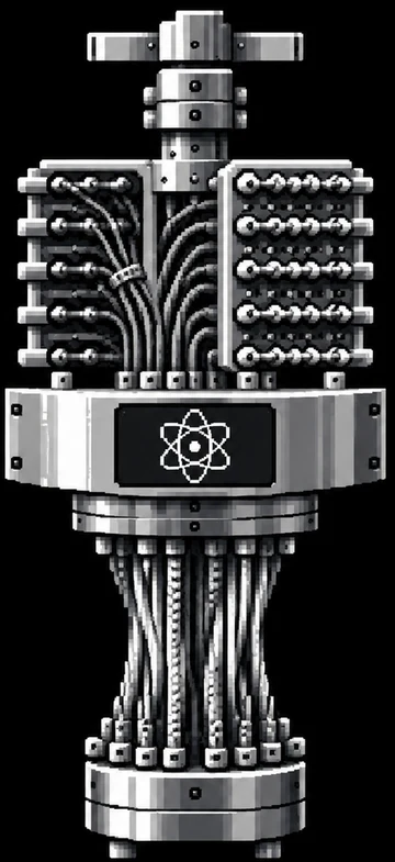 QPU logo: a pixel-art quantum processor with wiring panels and an atom emblem